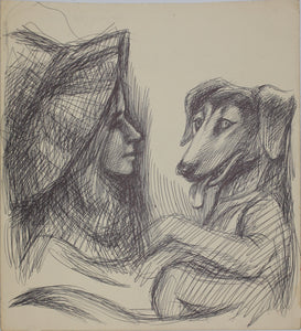 John Middleton Freeman. Lady with a dog. Ink drawing. Late XX C.
