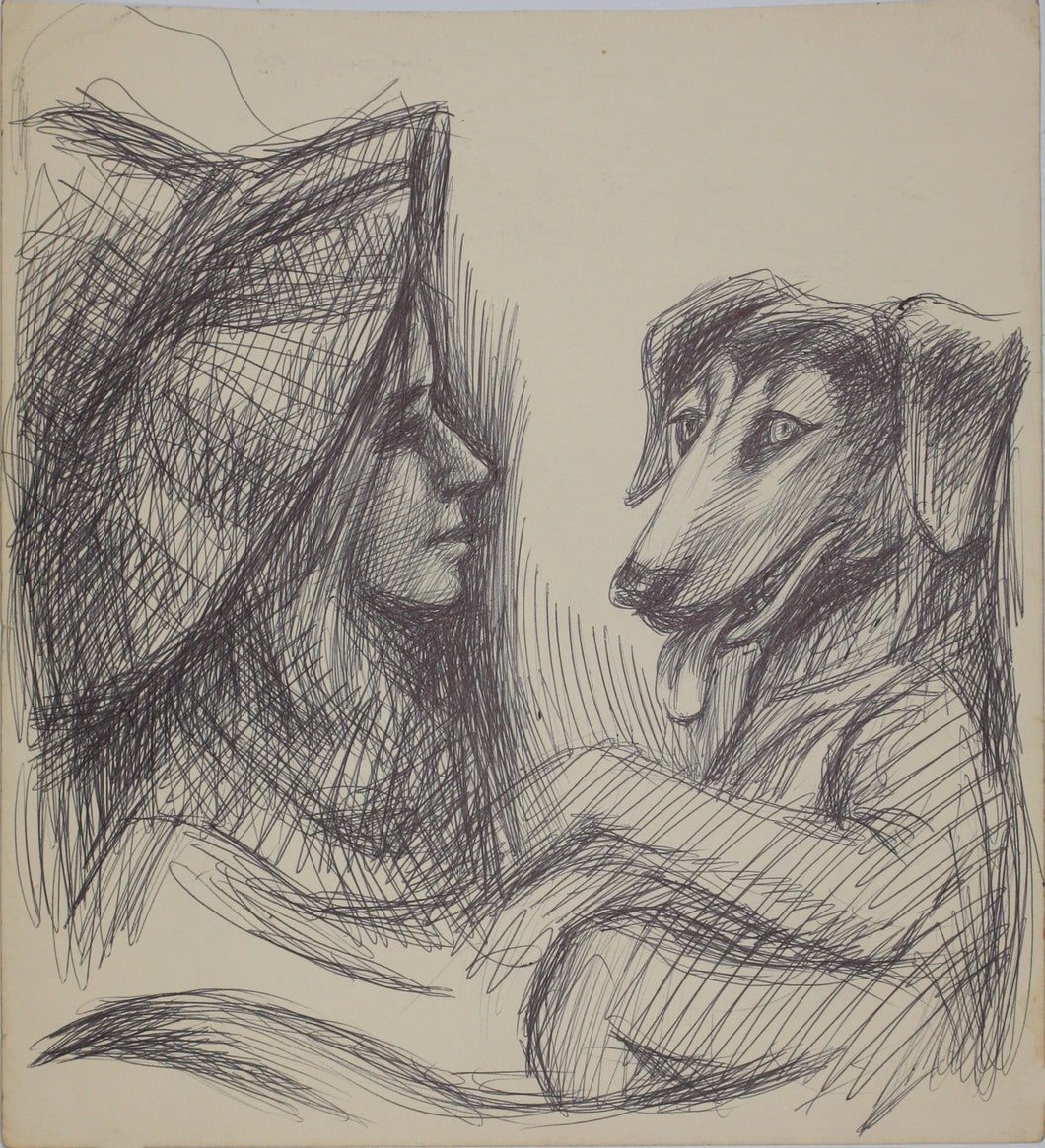 John Middleton Freeman. Lady with a dog. Ink drawing. Late XX C.