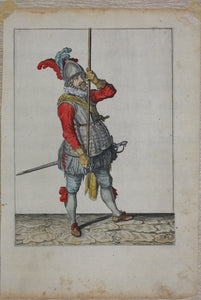 Jacques de Gheyn II. Landsknecht demonstrating the first movement for lowering the pike to the ground. Colored engraving. 1607.