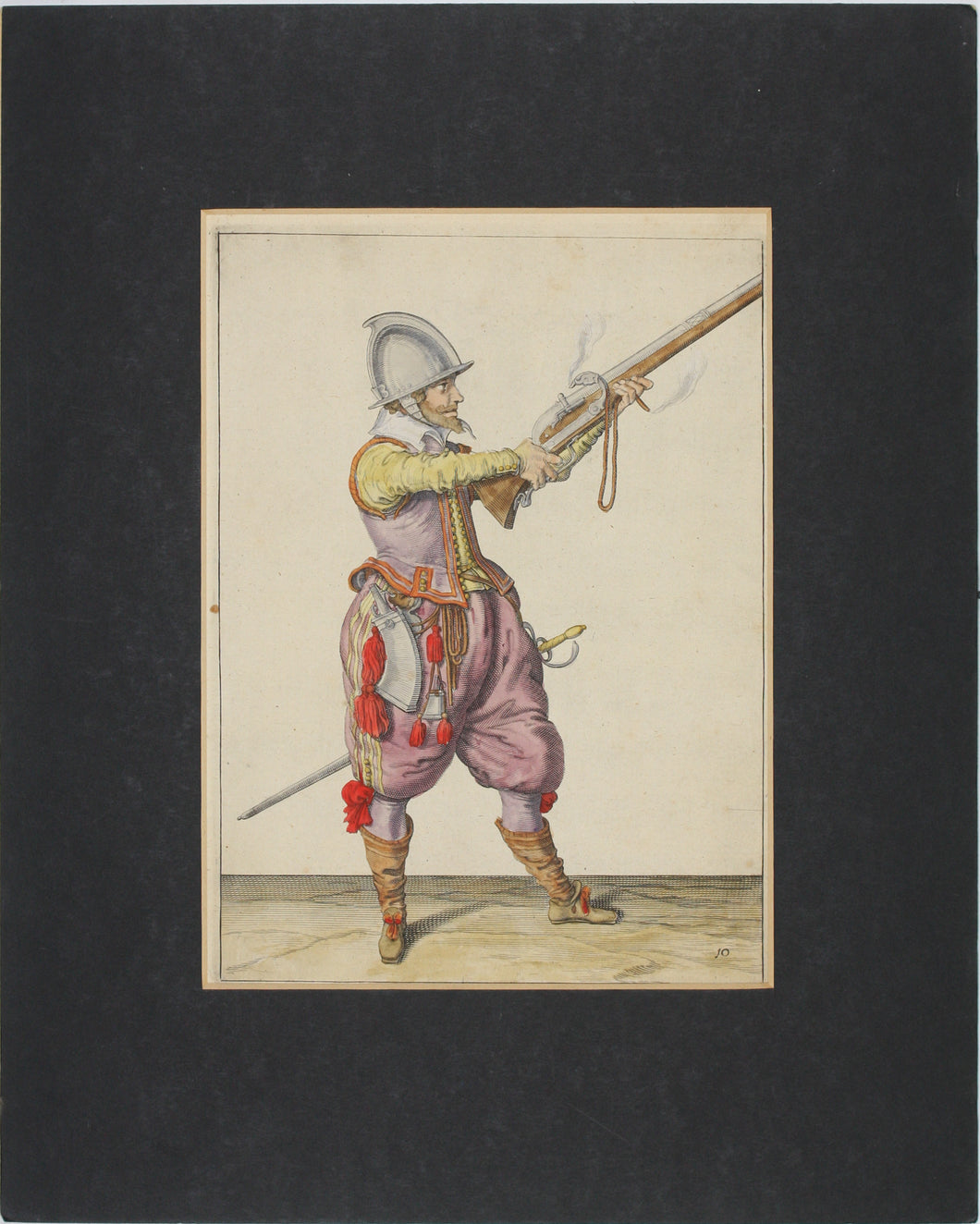 Jacques de Gheyn II. Marksman raising his caliver. Colored engraving. 1607.