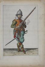 Load image into Gallery viewer, Jacques de Gheyn II. Marksman on guard dropping his caliver into his left hand. Colored engraving. 1607.
