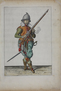 Jacques de Gheyn II. Marksman on guard dropping his caliver into his left hand. Colored engraving. 1607.