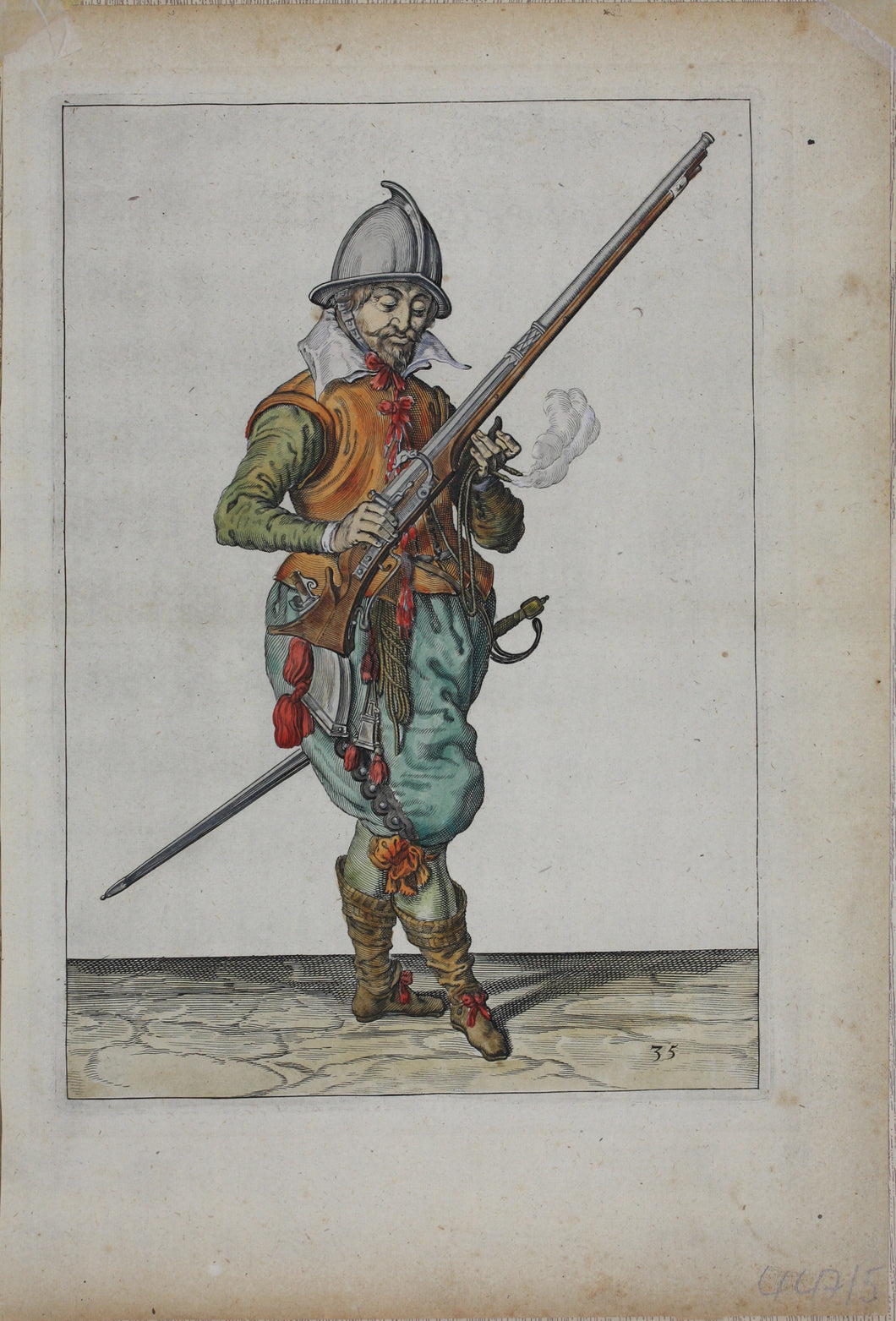 Jacques de Gheyn II. Marksman on guard dropping his caliver into his left hand. Colored engraving. 1607.