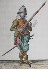 Load image into Gallery viewer, Jacques de Gheyn II. Marksman on guard dropping his caliver into his left hand. Colored engraving. 1607.
