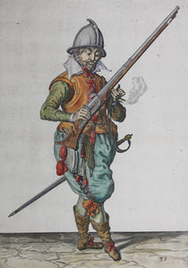 Jacques de Gheyn II. Marksman on guard dropping his caliver into his left hand. Colored engraving. 1607.