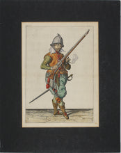 Load image into Gallery viewer, Jacques de Gheyn II. Marksman on guard dropping his caliver into his left hand. Colored engraving. 1607.
