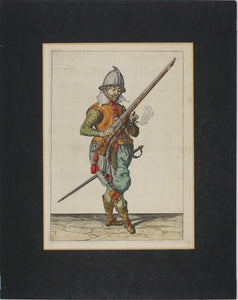 Jacques de Gheyn II. Marksman on guard dropping his caliver into his left hand. Colored engraving. 1607.