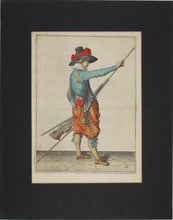 Load image into Gallery viewer, Jacques de Gheyn II. Musketeer pulling the ramrod from the barrel. Colored engraving. 1607.
