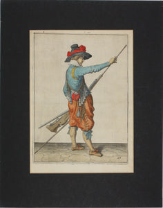 Jacques de Gheyn II. Musketeer pulling the ramrod from the barrel. Colored engraving. 1607.
