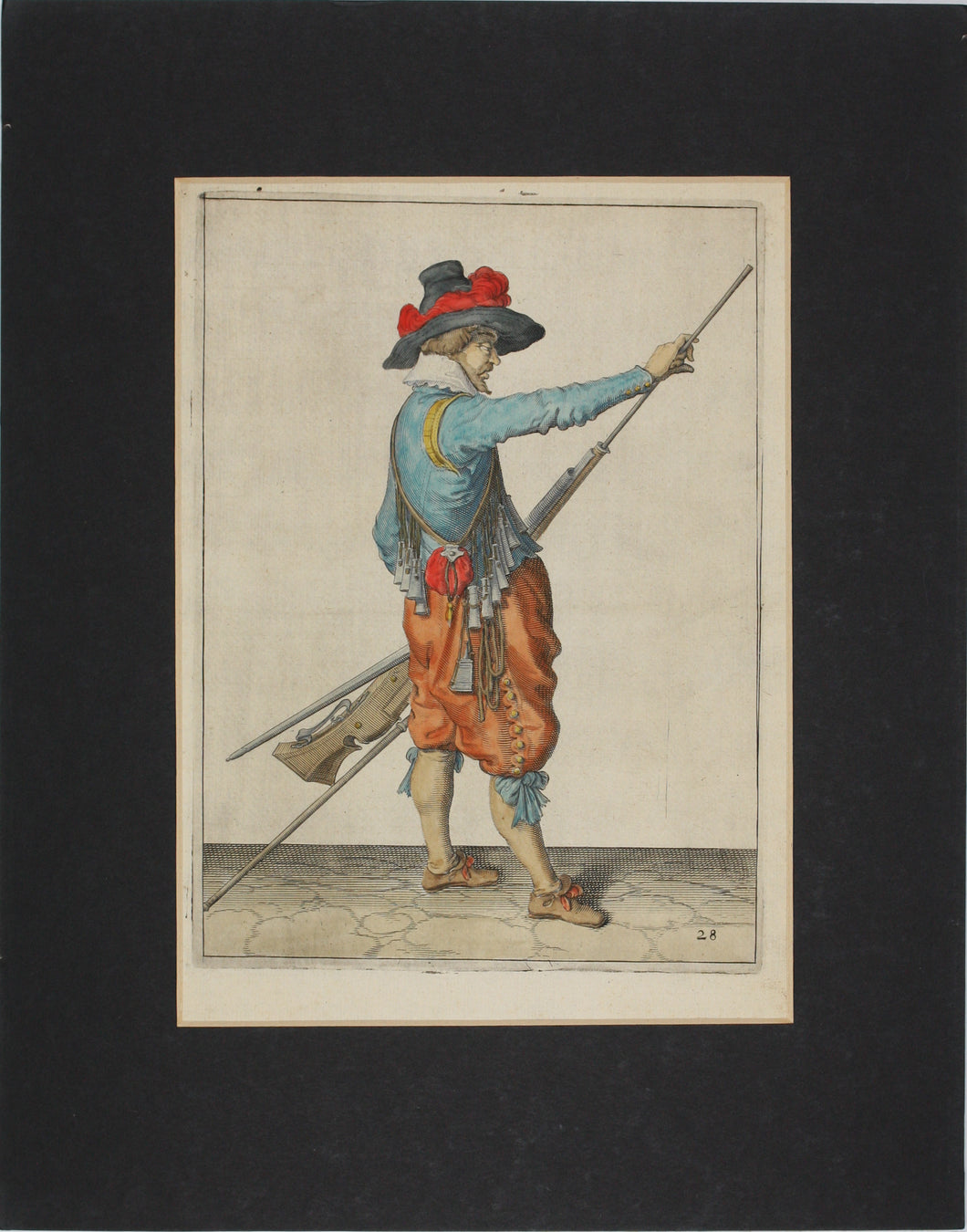 Jacques de Gheyn II. Musketeer pulling the ramrod from the barrel. Colored engraving. 1607.
