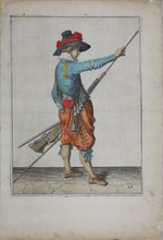 Load image into Gallery viewer, Jacques de Gheyn II. Musketeer pulling the ramrod from the barrel. Colored engraving. 1607.
