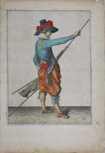 Jacques de Gheyn II. Musketeer pulling the ramrod from the barrel. Colored engraving. 1607.