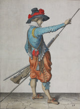 Load image into Gallery viewer, Jacques de Gheyn II. Musketeer pulling the ramrod from the barrel. Colored engraving. 1607.
