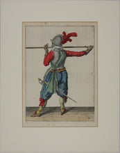 Load image into Gallery viewer, Jacques de Gheyn II. Landsknecht presenting his pike horizontally to the left. Colored engraving. 1607.
