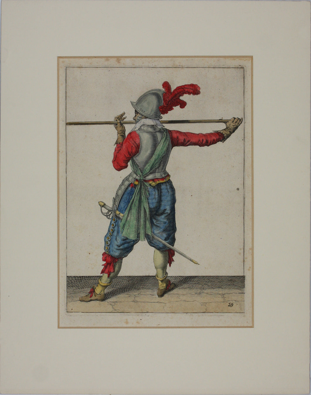 Jacques de Gheyn II. Landsknecht presenting his pike horizontally to the left. Colored engraving. 1607.