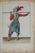 Load image into Gallery viewer, Jacques de Gheyn II. Landsknecht presenting his pike horizontally to the left. Colored engraving. 1607.
