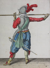 Load image into Gallery viewer, Jacques de Gheyn II. Landsknecht presenting his pike horizontally to the left. Colored engraving. 1607.
