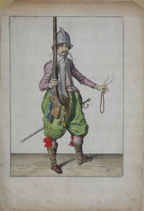 Jacques de Gheyn II. Marksman holding the caliver upright in his right hand. Colored engraving. 1607.