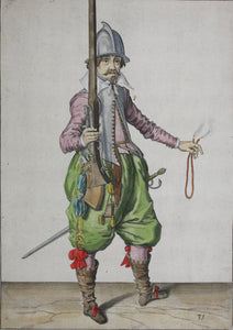 Jacques de Gheyn II. Marksman holding the caliver upright in his right hand. Colored engraving. 1607.