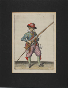 Jacques de Gheyn II. Musketeer raising both musket and fork in his left hand. Colored engraving. 1607.