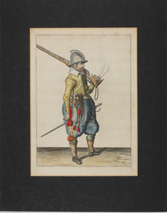 Jacques de Gheyn II. Marksman balancing his caliver over his shoulder. Colored engraving. 1607.