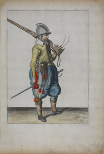 Jacques de Gheyn II. Marksman balancing his caliver over his shoulder. Colored engraving. 1607.