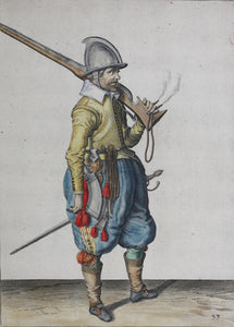 Jacques de Gheyn II. Marksman balancing his caliver over his shoulder. Colored engraving. 1607.