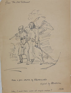 John Middleton Freeman. Tobias and the Angel after Rembrandt. Ink drawing. 1938.