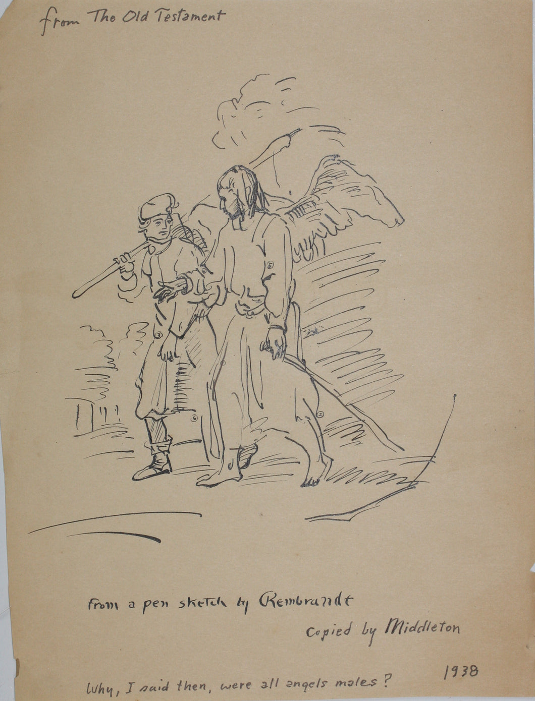 John Middleton Freeman. Tobias and the Angel after Rembrandt. Ink drawing. 1938.