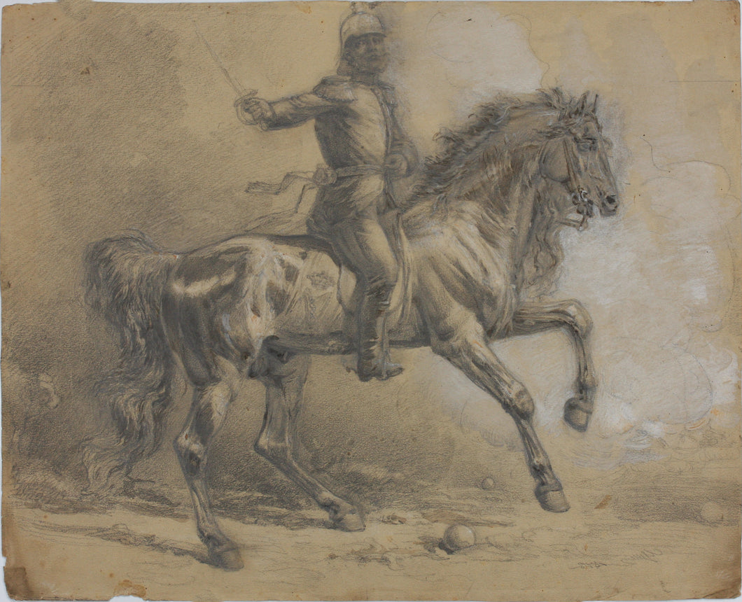 Unknown German artist XIX C. Portrait of an officer on horseback. A preparatory drawing for printmaking. 1878.
