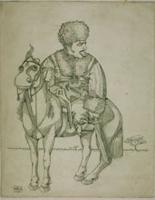Load image into Gallery viewer, Unknown artist. Janissary in a papakha on horseback. Etching. 1967.
