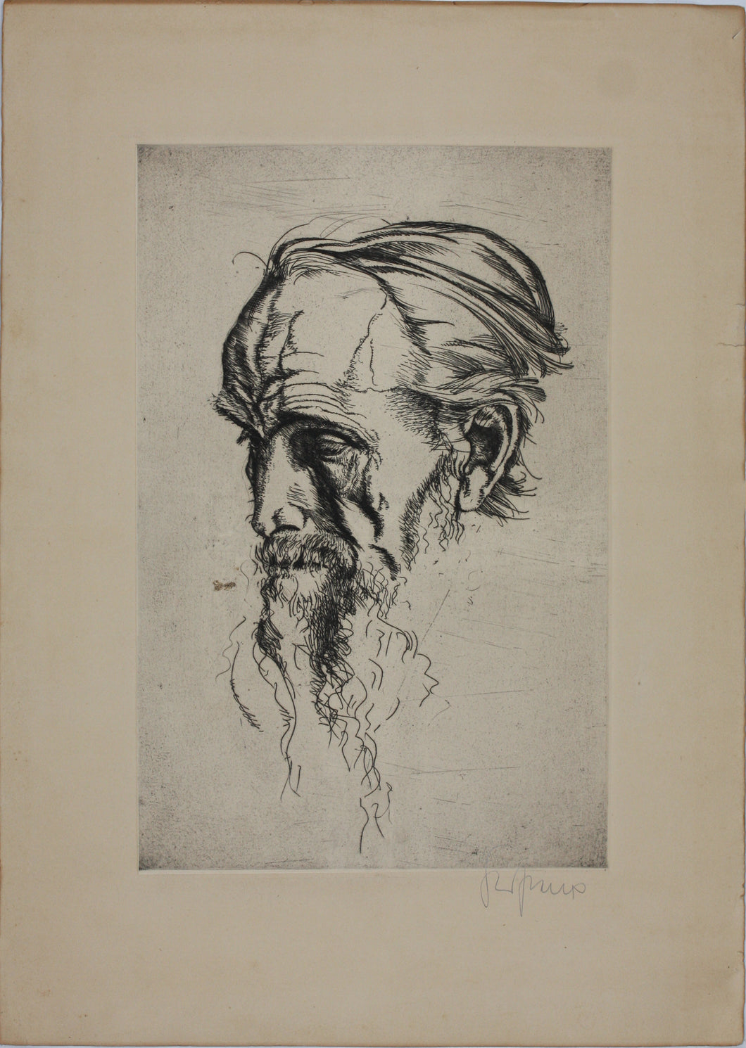 Unknown artist. Portrait in classical style of an old bearded man. Signed illegible. Etching. XX C.