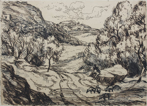 Lester George Hornby, attributed to. Mountain landscape with shepherd. Etching. XX C.