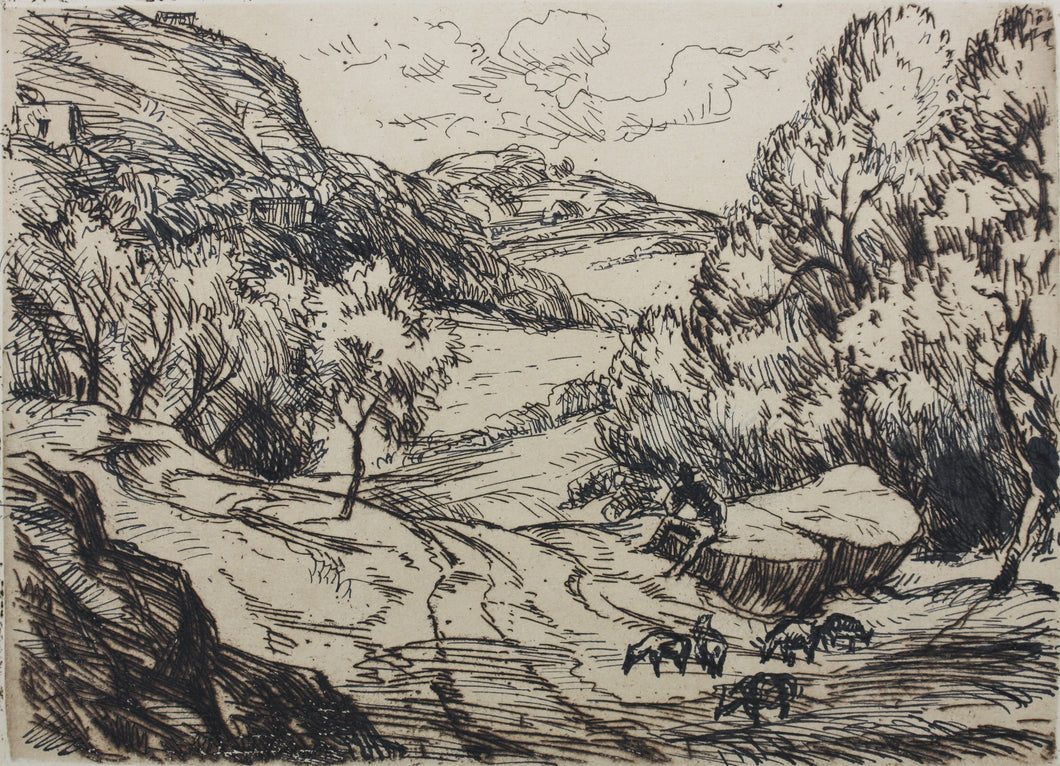 Lester George Hornby, attributed to. Mountain landscape with shepherd. Etching. XX C.