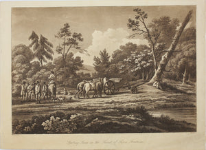 Joshua Bryant. Sporting scene in the forest of trois fontaine. Aquatint by Merigot. 1806.