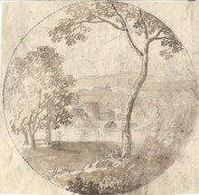 Load image into Gallery viewer, Landscape with ruins, river and trees. Brown ink and wash drawing. Tondo. Italy(?). XVIII C.

