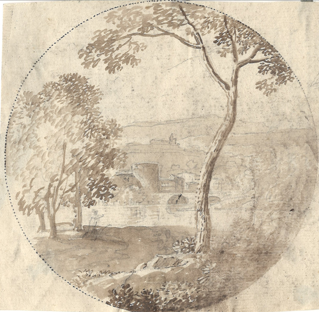 Landscape with ruins, river and trees. Brown ink and wash drawing. Tondo. Italy(?). XVIII C.