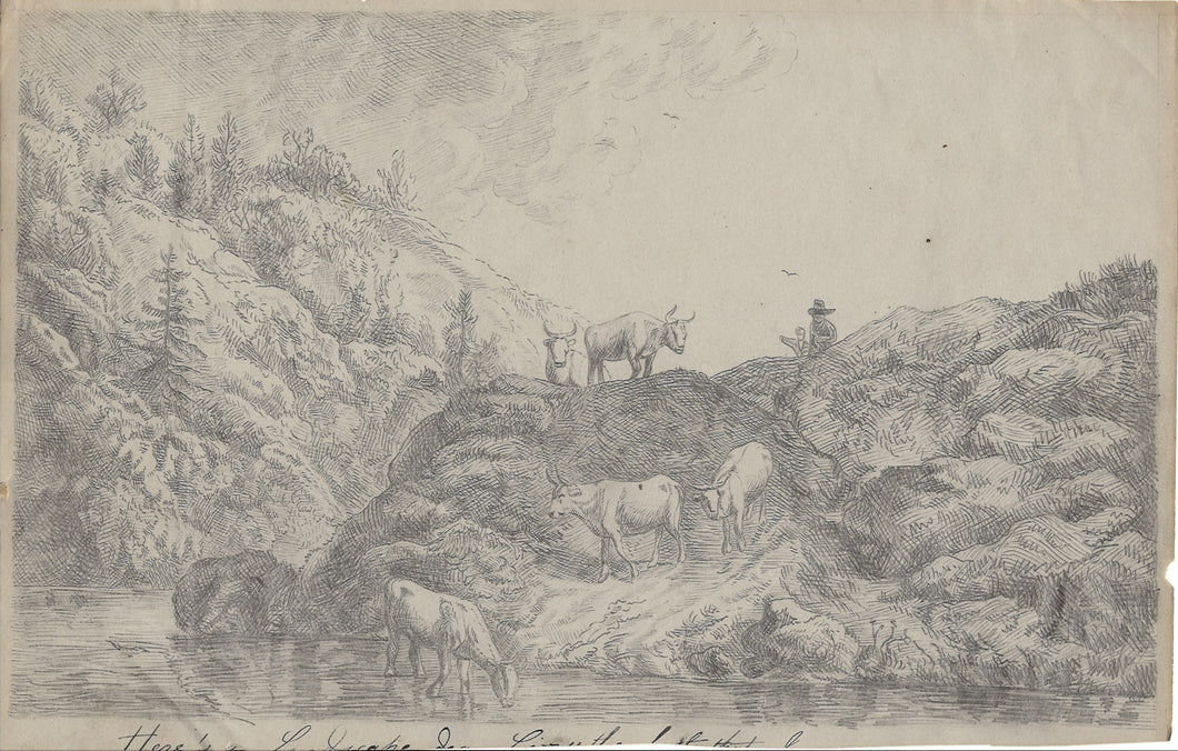 Christian Wilhelm Ernst Dietrich, after. Mountain landscape with drinking oxen. Graphite drawing. XIX C.