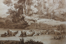 Load image into Gallery viewer, Claude Lorrain, after. A Landscape, with Cattle passing a Ford. Etching by Richard Earlom. 1775.
