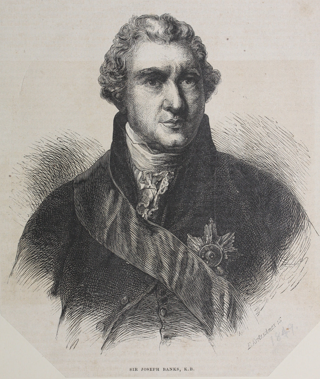 Eduard Kretzschmar. Portrait of Sir Joseph Banks, K.B. Engraving. 1840th.