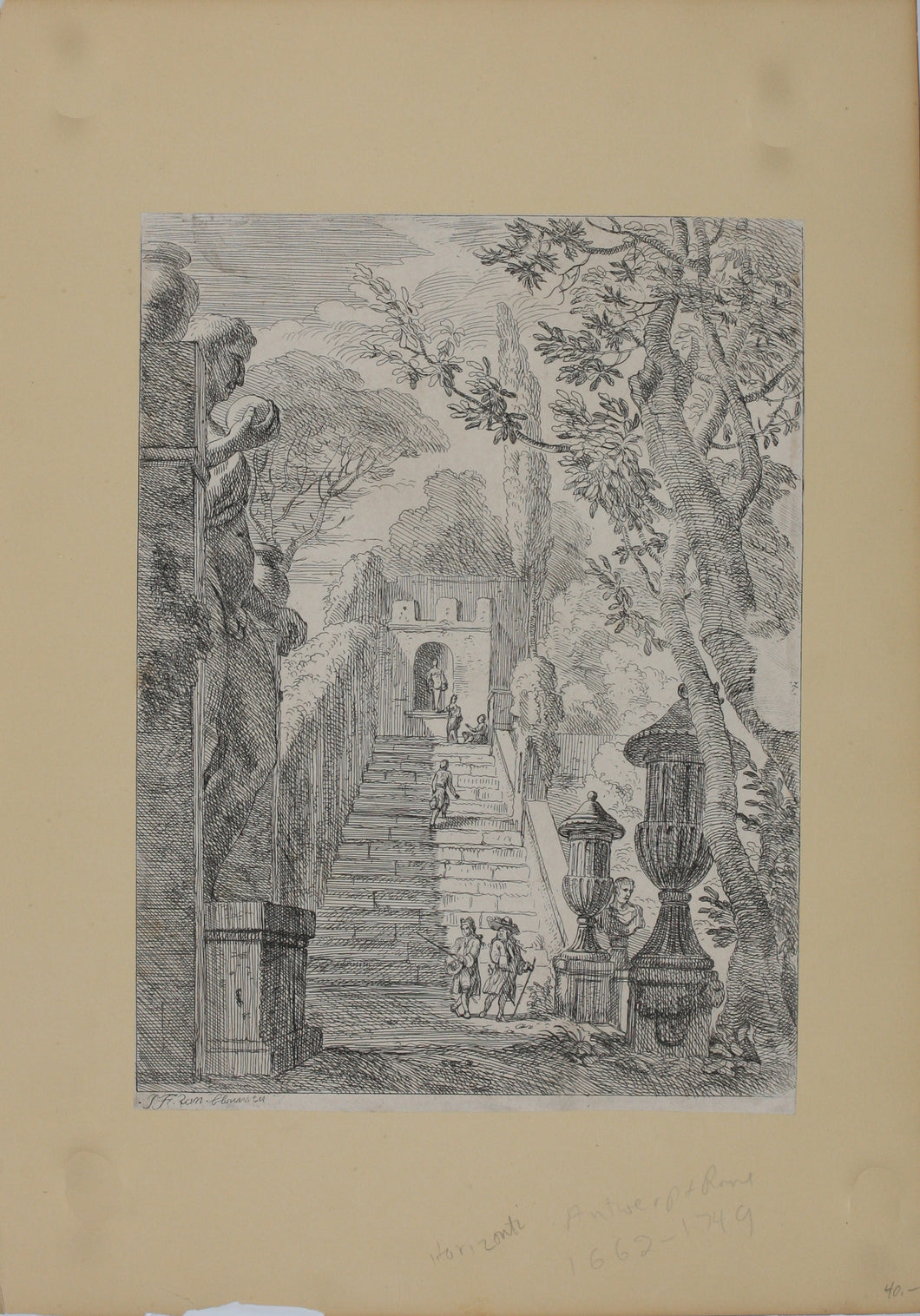 Jan Frans van Bloemen. Italianate landscape with walkers at a staircase. Etching. 1689 - 1749.