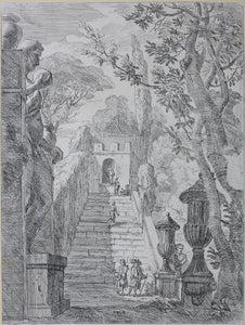 Jan Frans van Bloemen. Italianate landscape with walkers at a staircase. Etching. 1689 - 1749.