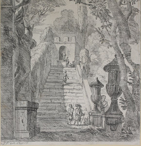 Jan Frans van Bloemen. Italianate landscape with walkers at a staircase. Etching. 1689 - 1749.