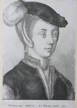 Load image into Gallery viewer, Hans Holbein the Younger, after. Portrait of a young woman. Sir William Butts. Etchings by Wenceslaus Hollar. 1647 - 1649.
