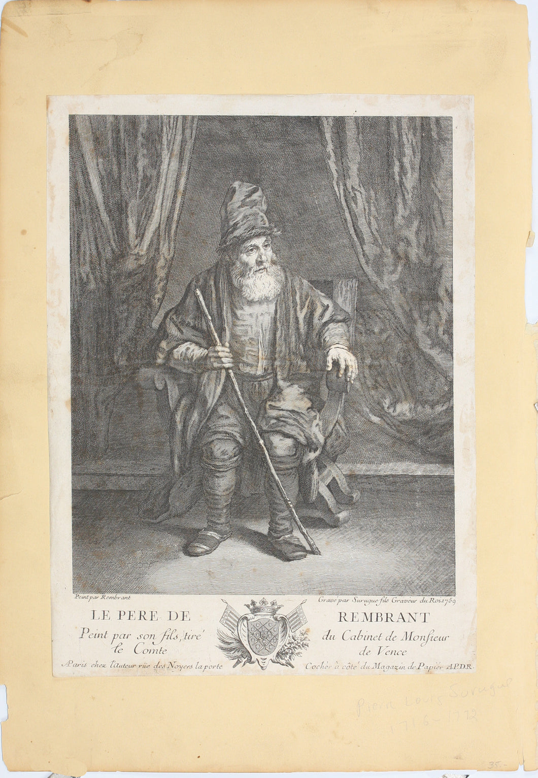 Rembrandt Harmensz van Rijn, after. Le père de Rembrandt. Engraving by Pierre Louis de Surugue. 1759.