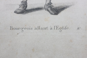 Johann Rudolf Huber, after. Bourgeois allant a l'Église. Engraved by Johann Rudolf Schellenberg. Basel, 1798.