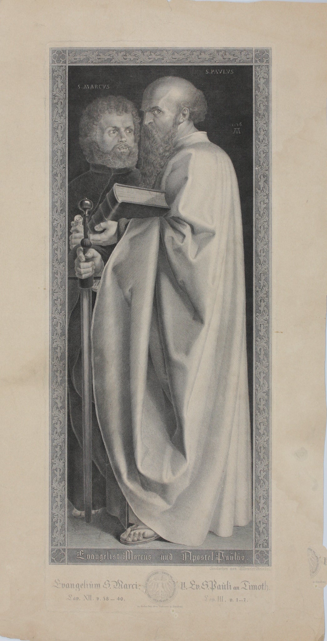 Albrecht Dürer, after. Mark the Evangelist and Paul the Apostle. Engraving by Albert Christoph Reindel. Before 1853.