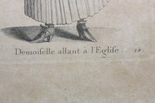 Load image into Gallery viewer, Johann Rudolf Huber, after. Demoiselle allant à l&#39;Église. Engraved by Johann Rudolf Schellenberg. Basel, 1798.
