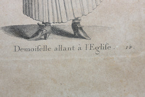 Johann Rudolf Huber, after. Demoiselle allant à l'Église. Engraved by Johann Rudolf Schellenberg. Basel, 1798.