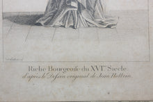 Load image into Gallery viewer, Hans Holbein the Younger, after. Riche Bourgeoise du XVIme Siècle. Engraving Johann Rudolf Schellenberg. Basel, 1798.
